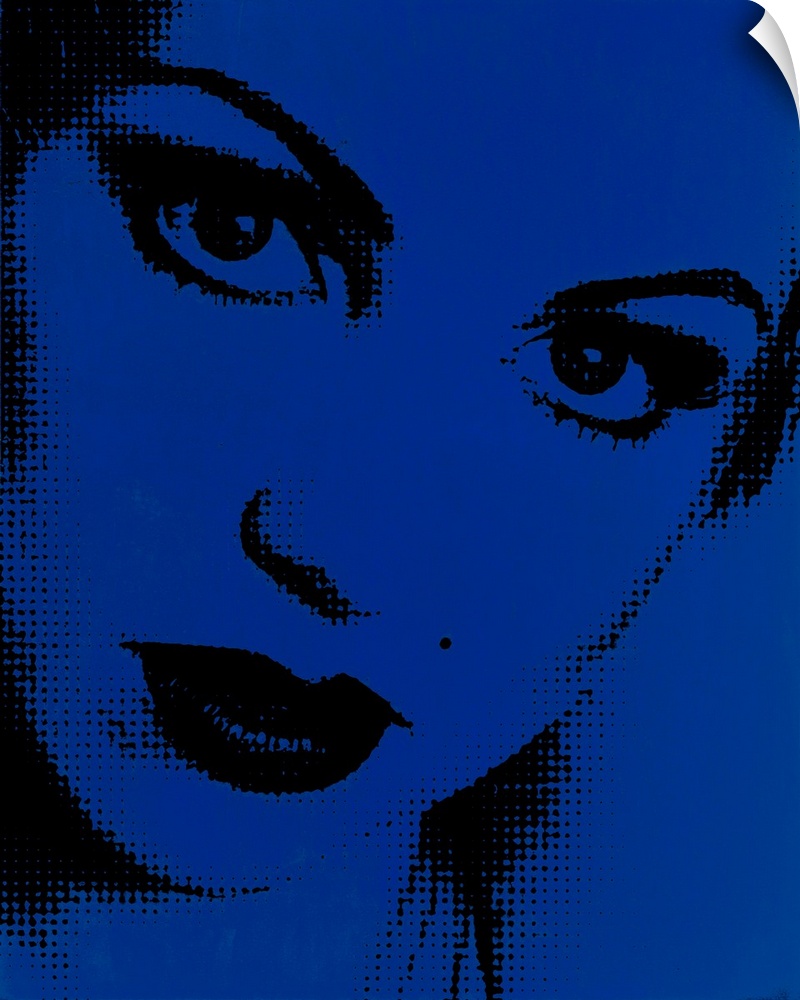 Blue and black pointillism illustration of a close up woman's face.