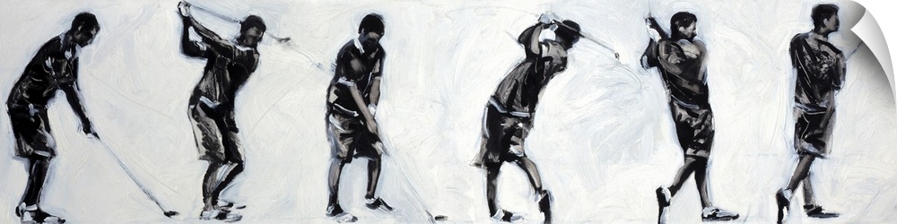 Wide, black and white figurative painting on large canvas of a male figure illustrating six different positions of a swing...