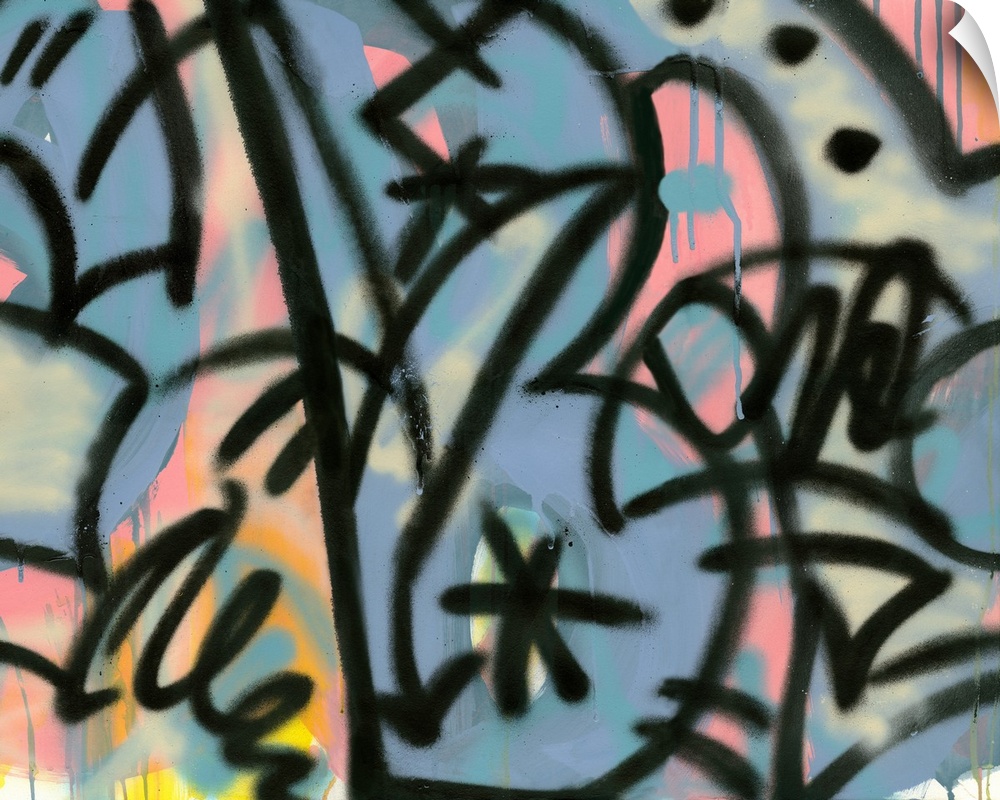 Close up of graffiti in pastel colors contrasted with bold black outlines.