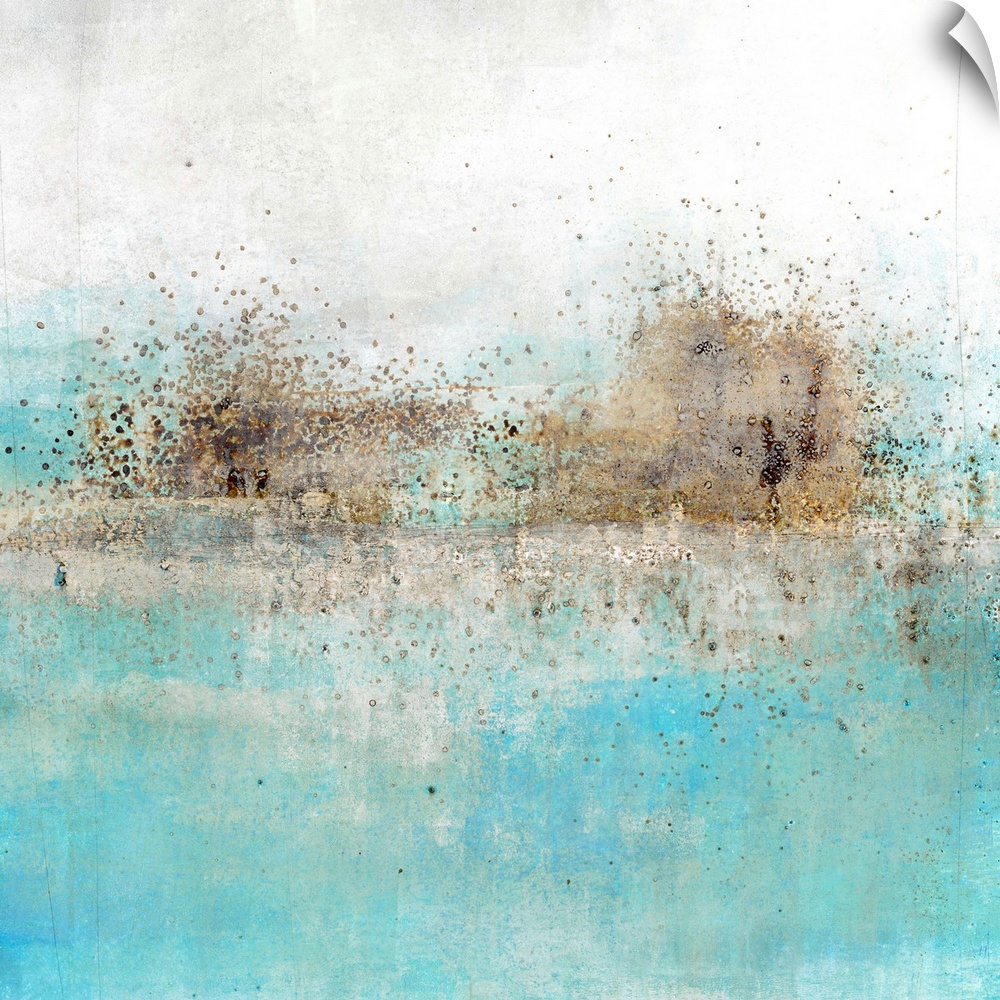 Square abstract painting with a brown  paint splattered horizon line with light blue and grey hues throughout.