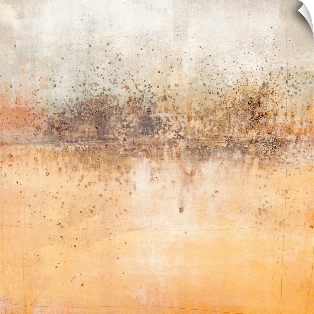 Square abstract painting with a brown paint splattered horizon line and shades of orange, grey, and white throughout.