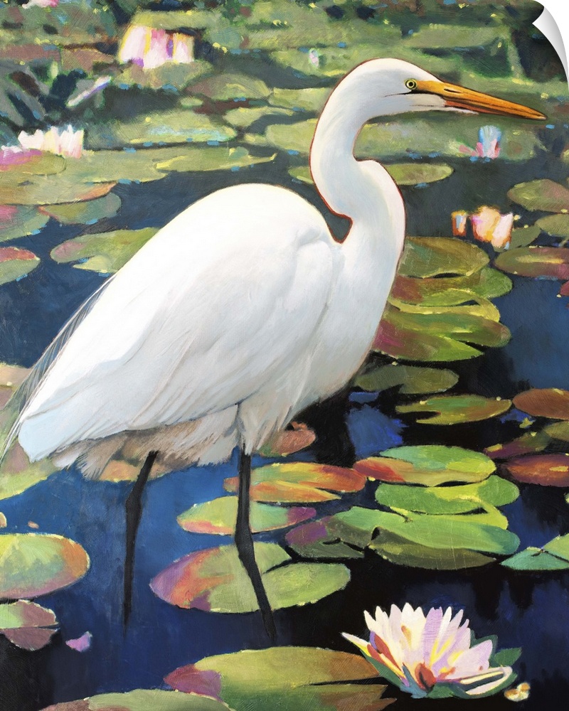 A contemporary painting of a great egret.