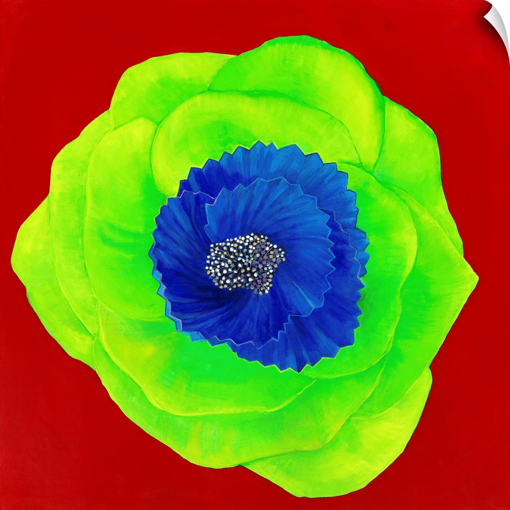 Painting of a vibrant green flower on deep red.