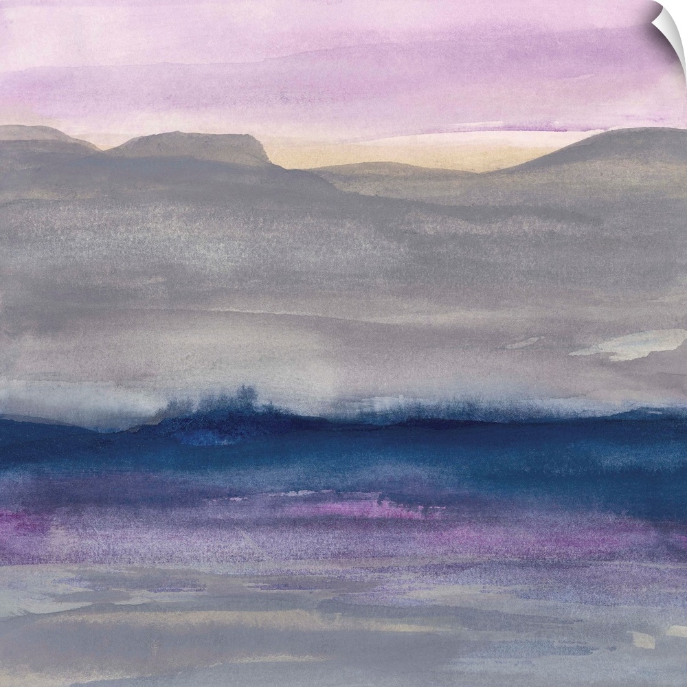 Watercolor landscape painting with grey hills and a lavender sky.