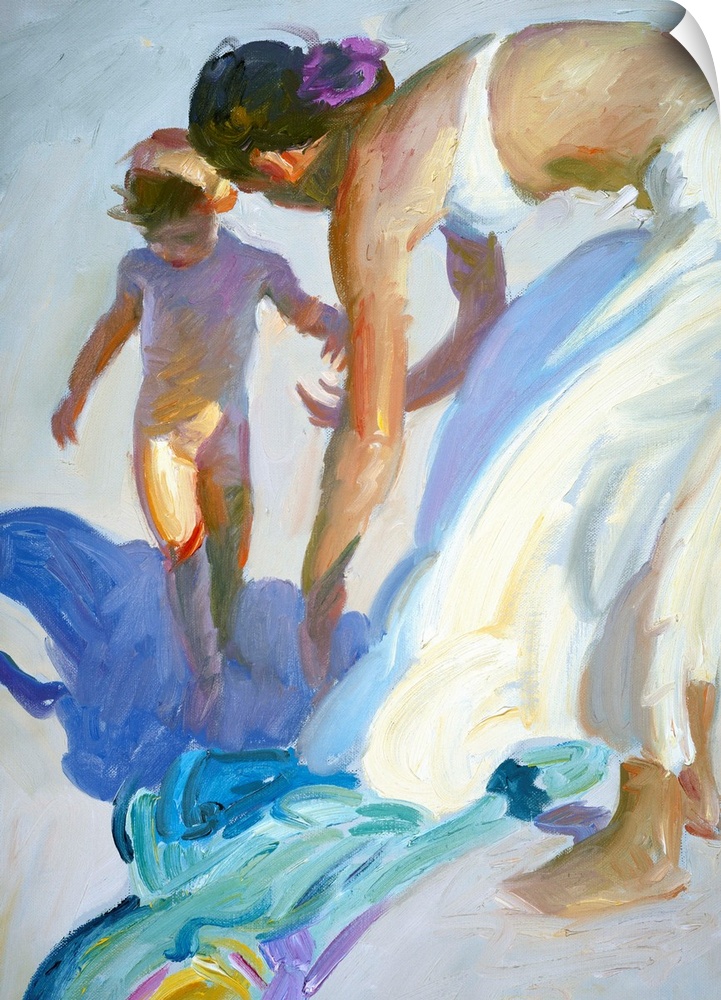 Painting of a mother walking on the white sand with her child.