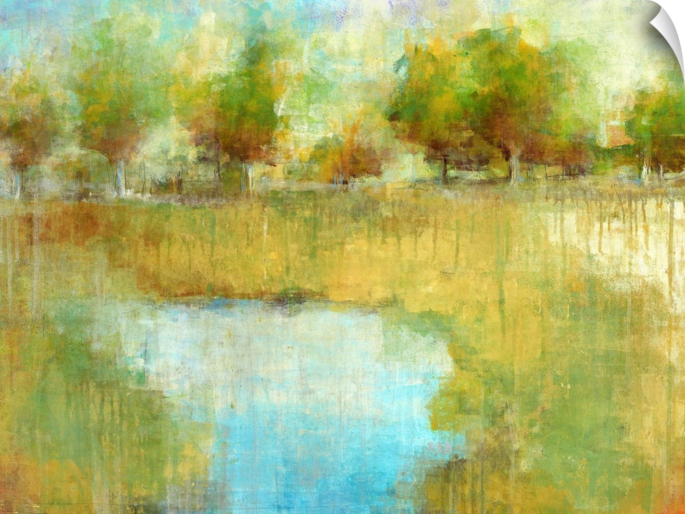 Large, landscape painting of a small pond surrounded by a green landscape and a line of trees in the background.  Painted ...