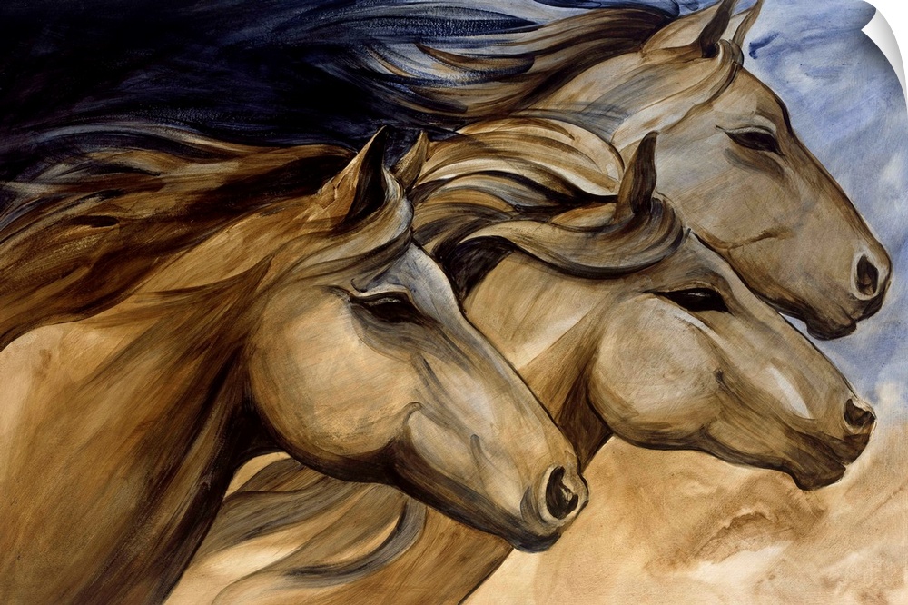 Artwork of three horse heads in neutral tones.