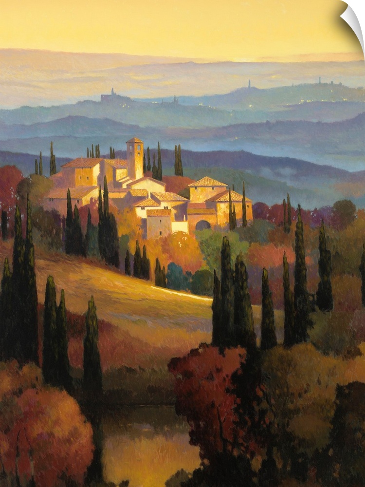 This is a contemporary painting of the Tuscan countryside at sunset on vertical wall art.