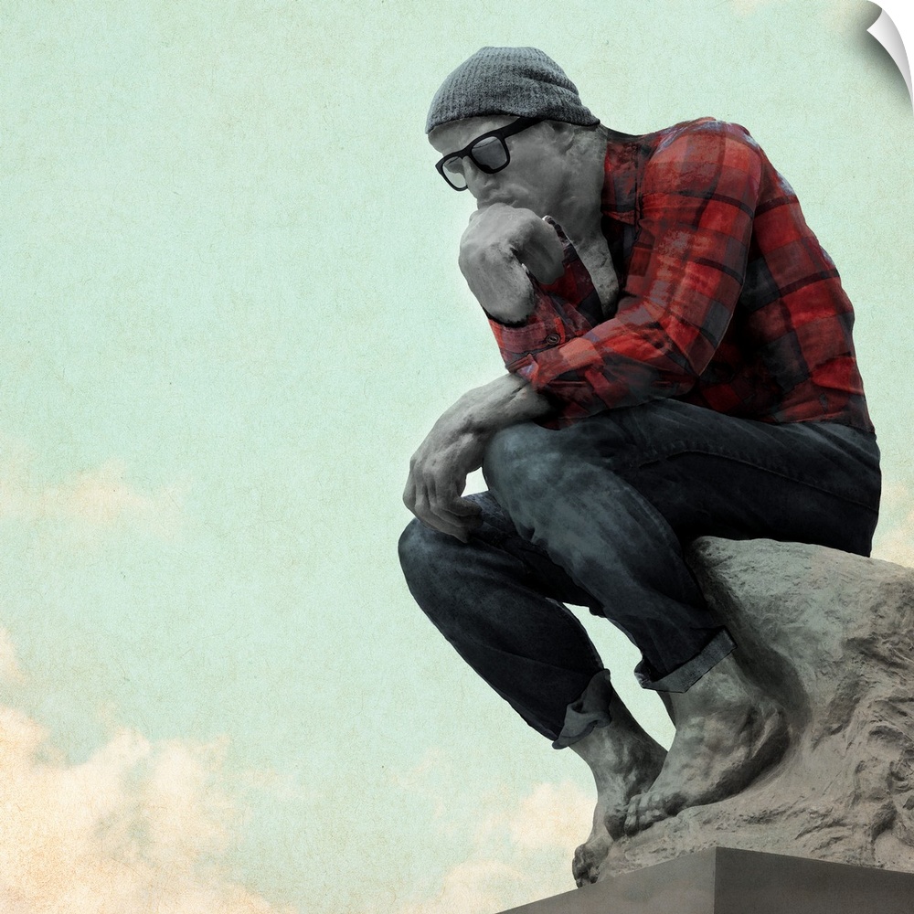 Humorous illustration of the Thinker statue dressed up like a hipster.