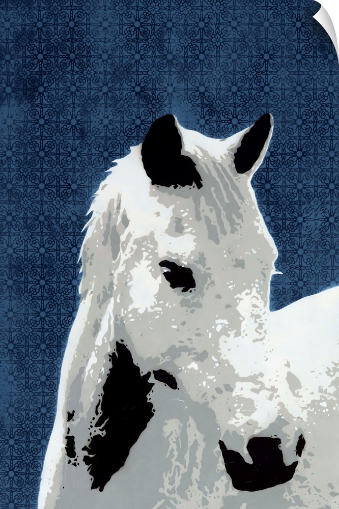 Digital illustration of a black and white horse on a blue floral patterned background.