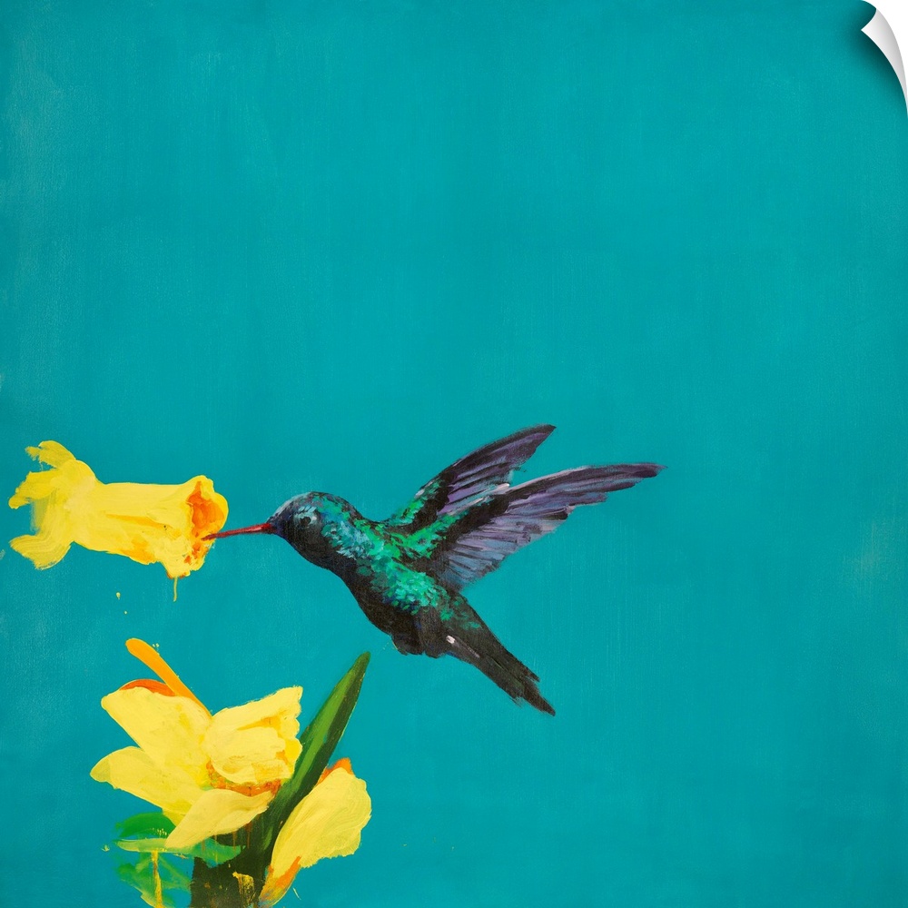 Contemporary artwork of a hummingbird gathering nectar from a tropical flower.