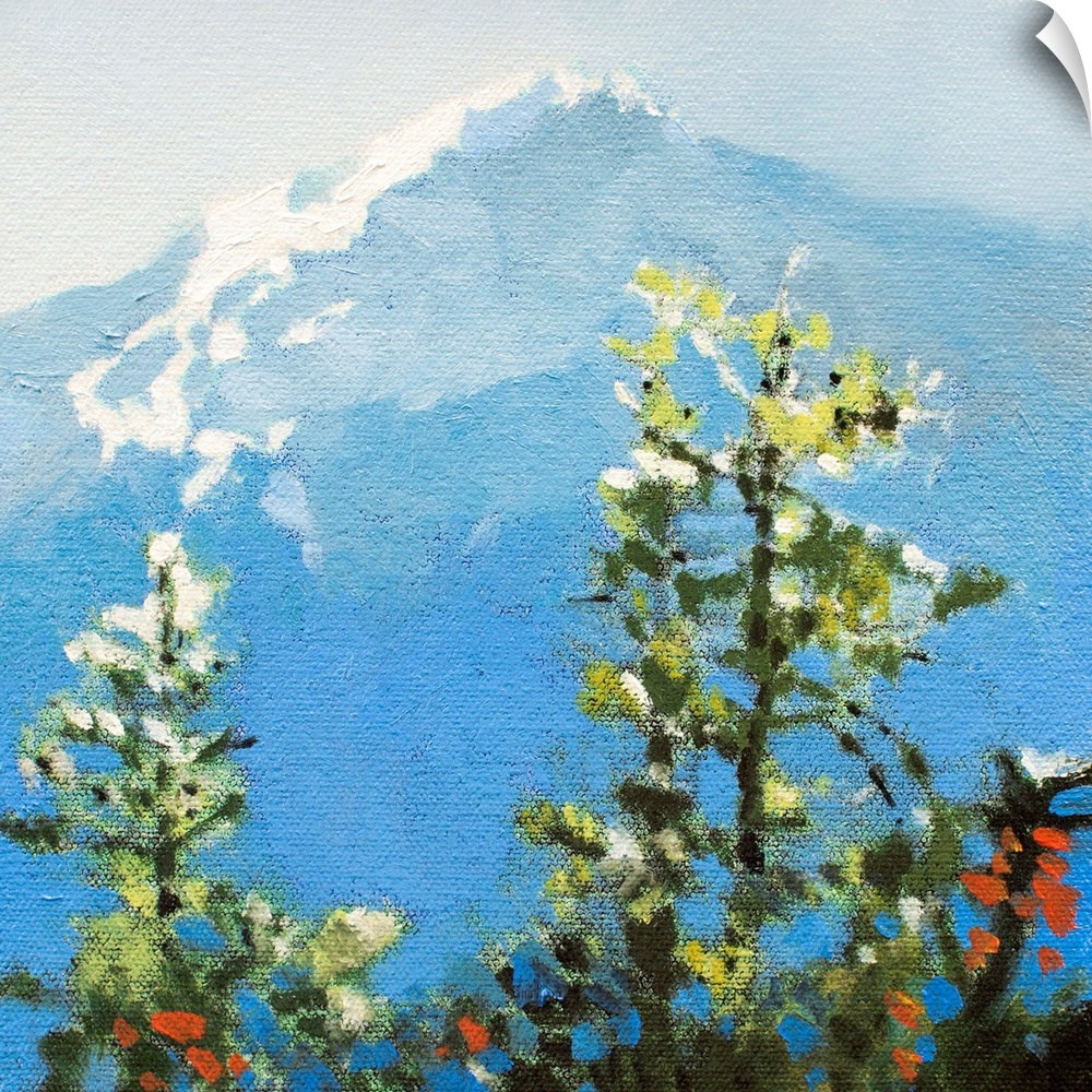 Contemporary painting of a view of a mountain peak from a forest canopy.