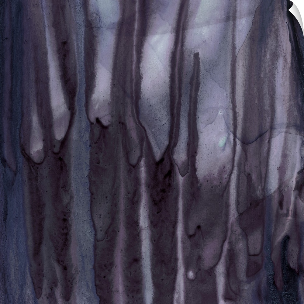 Square abstract watercolor painting with thick, deep purple drips falling from the top to the bottom.