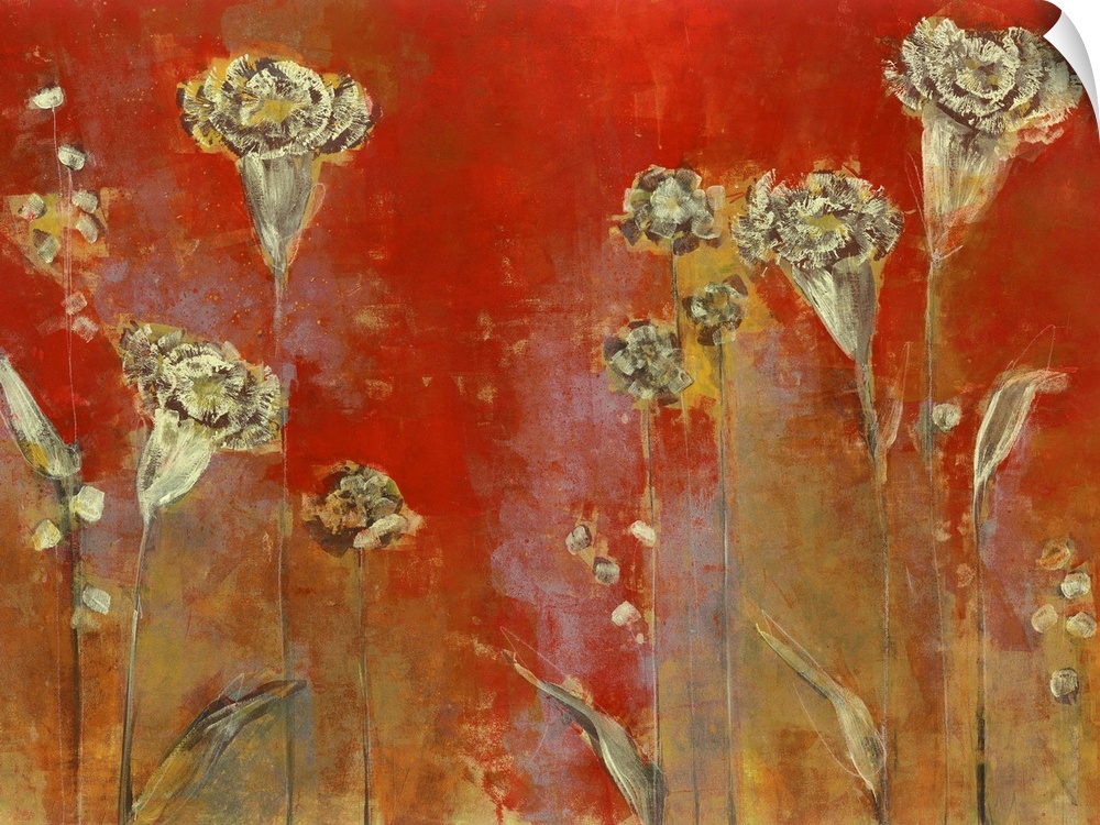 Contemporary painting of bronzed flowers against a red background.