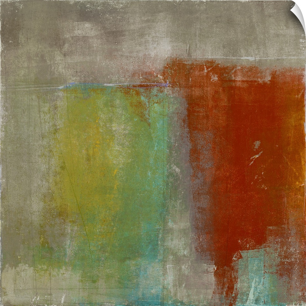 Square abstract painting with a dark beige background and thick vertical yellow, green, blue, red, and orange brushstrokes...