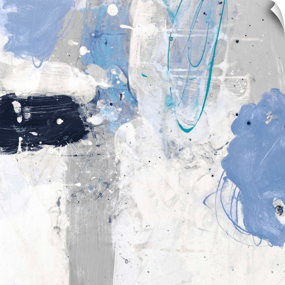 A contemporary abstract painting using pale messy blue and white tones.