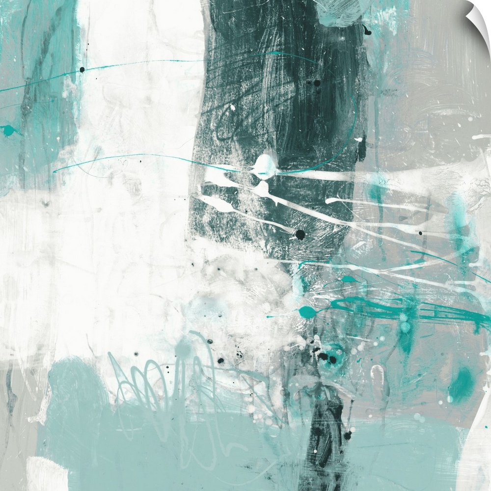 A contemporary abstract painting using pale messy teal and white tones.