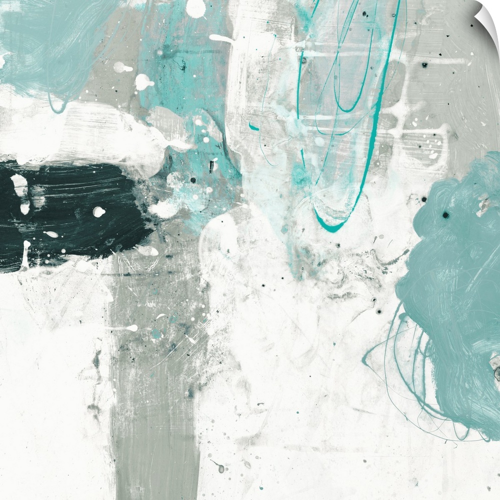 A contemporary abstract painting using pale blue and off white.