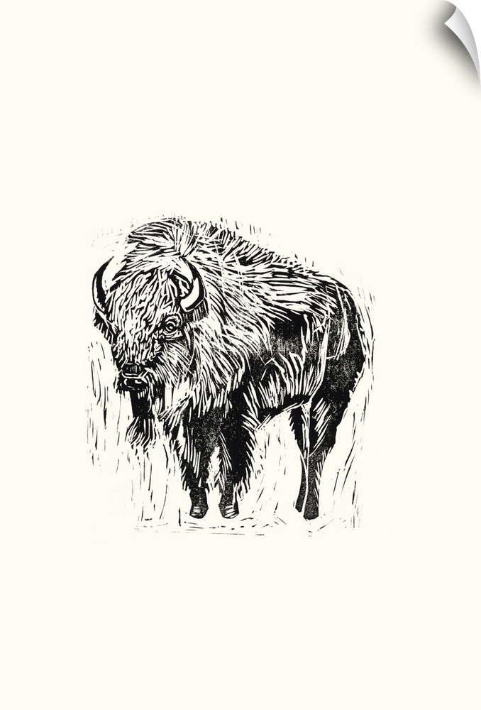 Black and white block print illustration of a bison on an off white background.