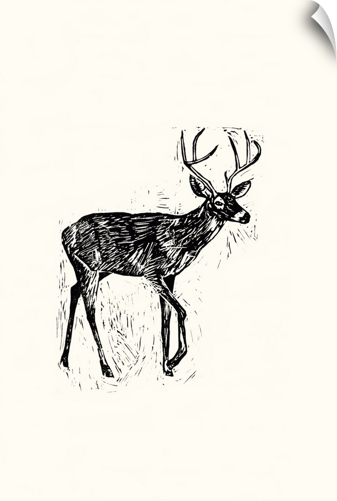 Black and white block print illustration of a deer on an off white background.