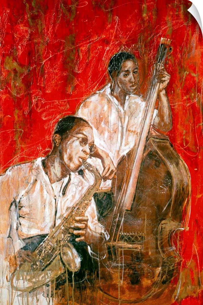 Vertical, large contemporary painting of two African American Jazz musicians, one playing the saxophone, the other a large...