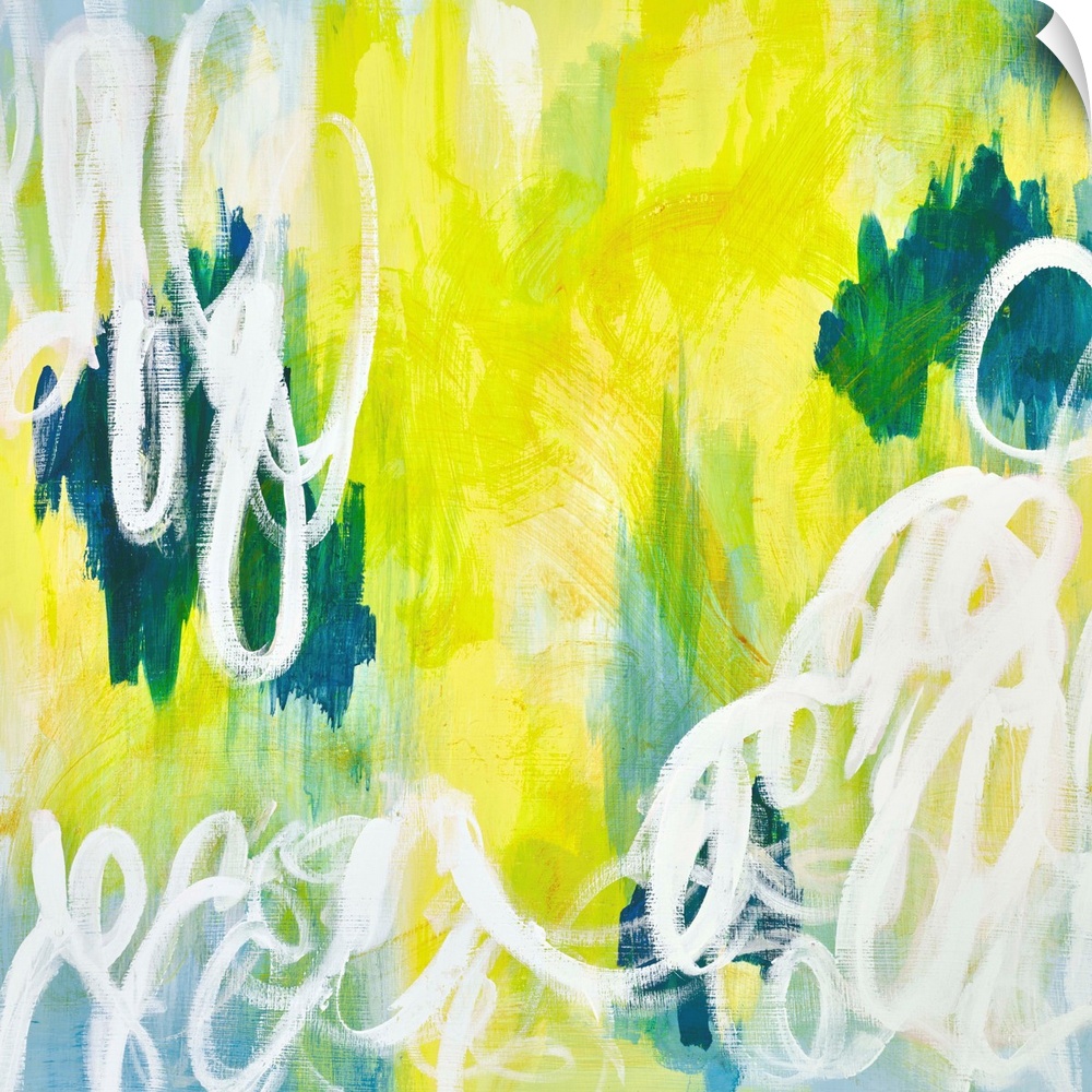 Contemporary abstract retro stylized painting of white squiggles against a blue and neon yellow background.