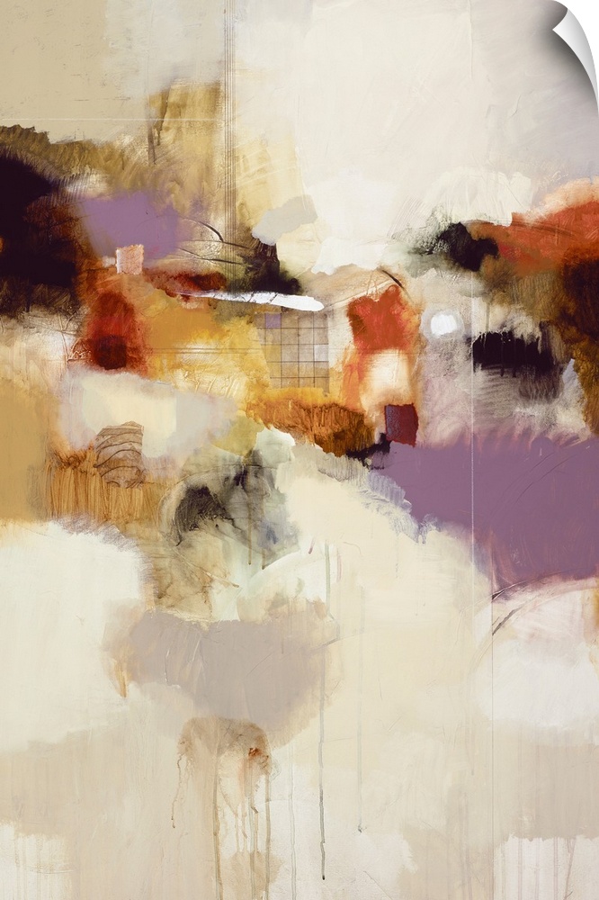 Abstract painting featuring patches of soft natural colors and paint drips.