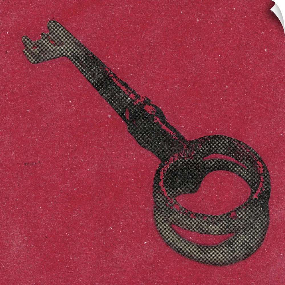 Square art of an antique key on a red background.