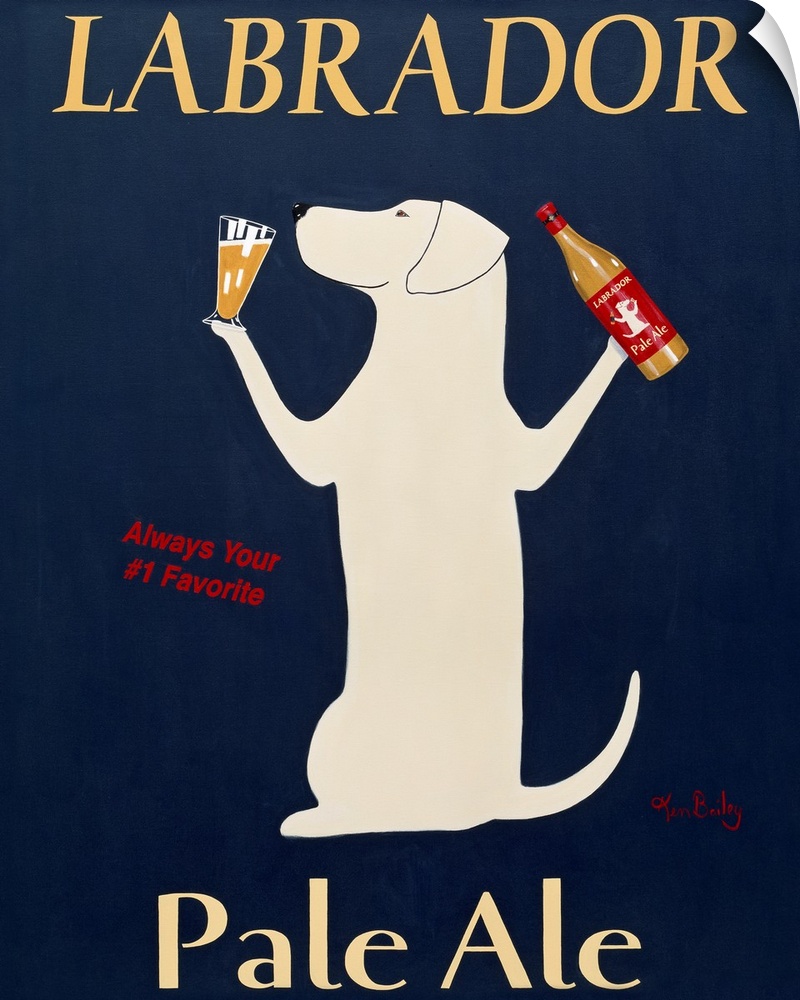 Playful poster art work featuring a dog holding a beer bottle in one paw and a glass of alcohol In the other.  There is te...