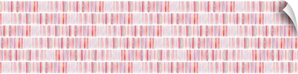 Large panoramic abstract watercolor painting with geometric patterns in shades of red, pink, purple, and yellow.