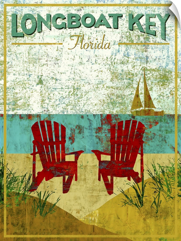 Retro artwork of two red beach chairs sitting on the sand pointed toward the ocean with a sail boat floating in it. There ...