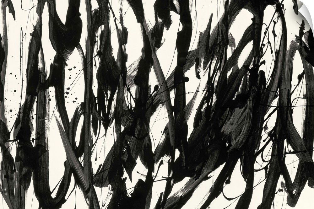 A contemporary abstract painting using bold black lines against a cream background.