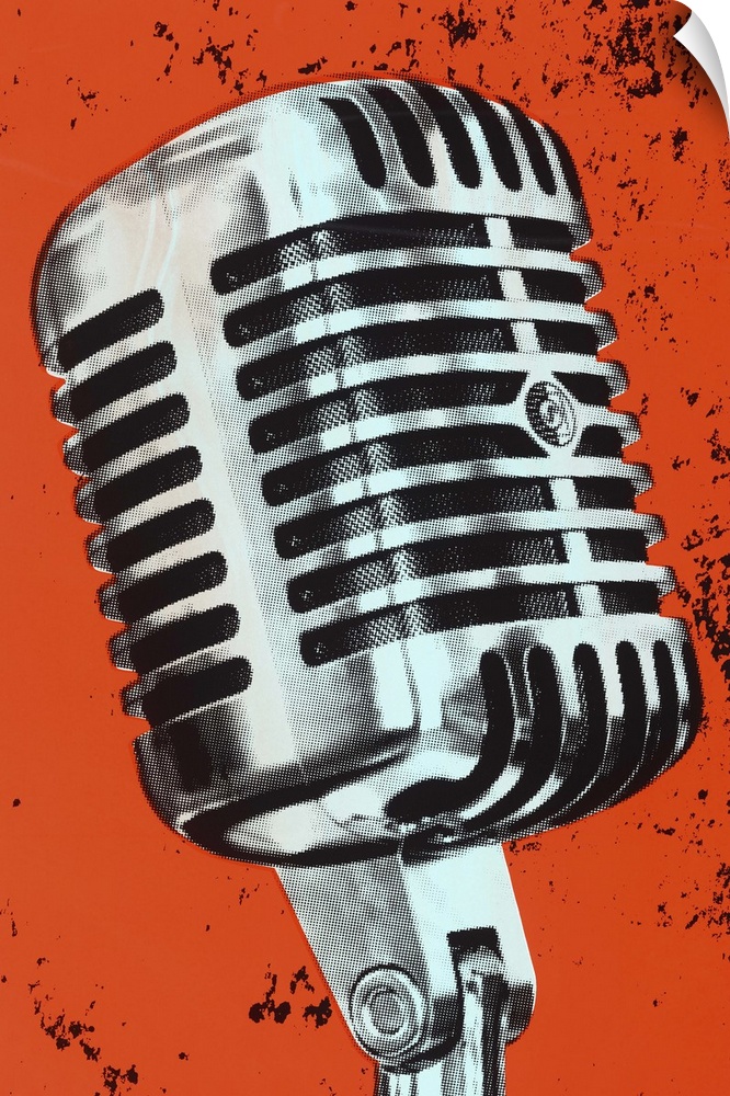 Contemporary pop art style artwork of a microphone against a dark orange background.