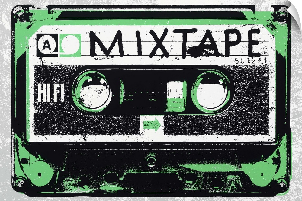 Contemporary pop art style artwork of a mixtape cassette against a green background.