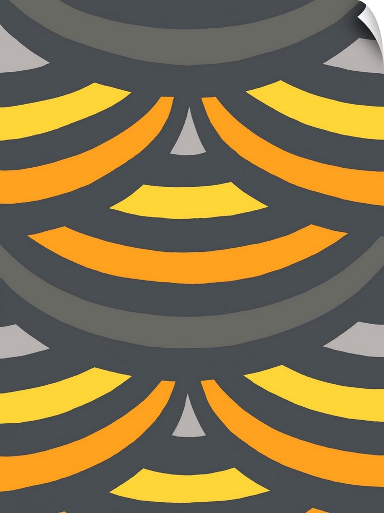 Geometric abstract artwork in shades of yellow, orange, and grey.