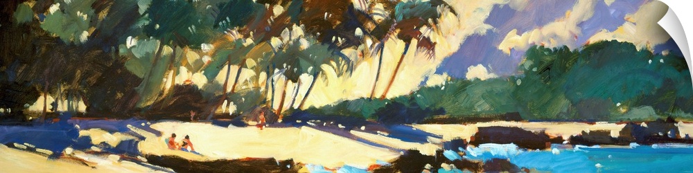 Palm trees casting long shadows on a tropical beach.