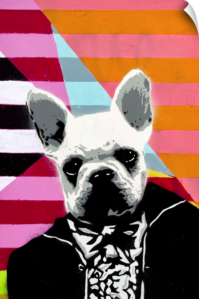 Contemporary artwork of a french bulldog head on a human body wearing a tuxedo against a geometric abstract background.