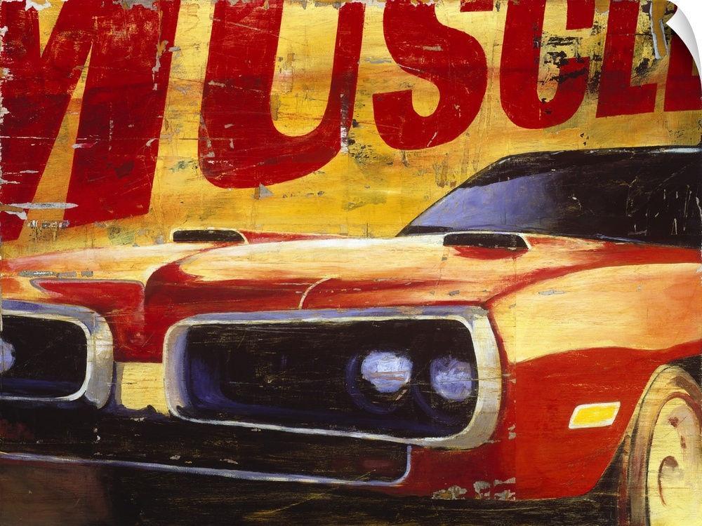 Retro-style painting of a vintage muscle car, with a focus on the headlights, and the text "Muscle" in capital letters.