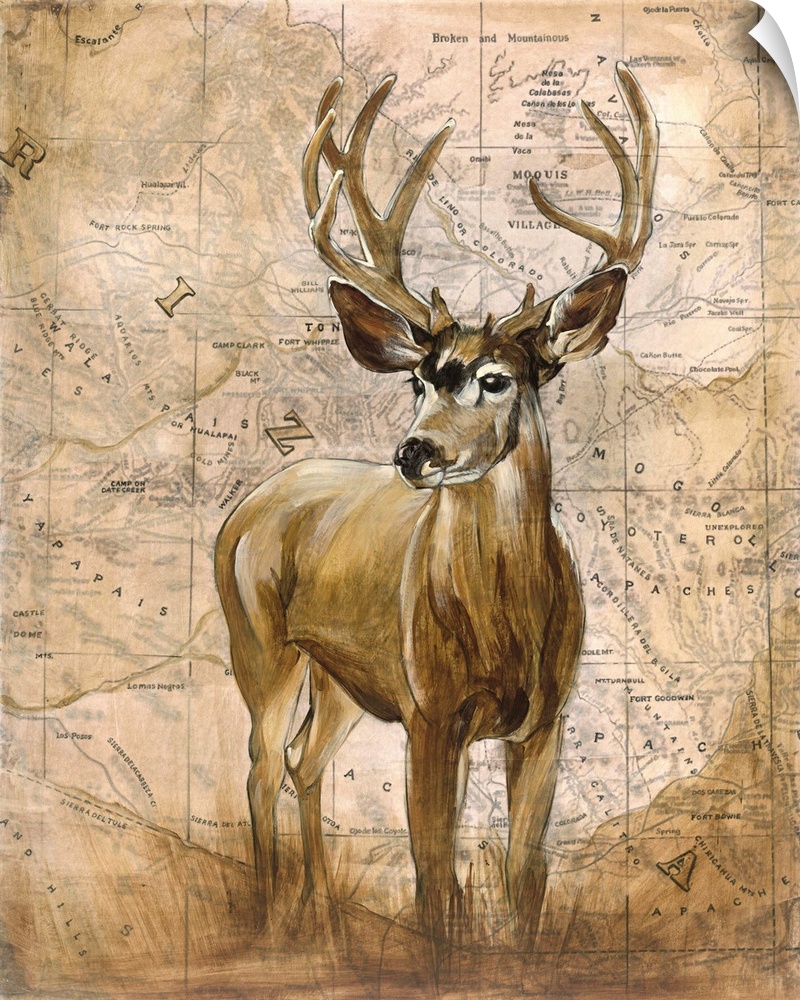Art piece of a big buck standing in front of a vintage looking map of Arizona.