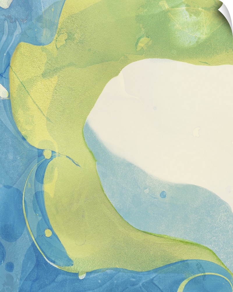A contemporary abstract painting using pale blue and green in a swirling of paint.