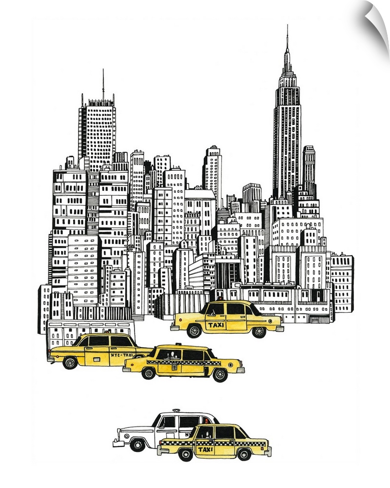 Black and white watercolor painting of the New York City skyline with colorful taxis in the foreground.