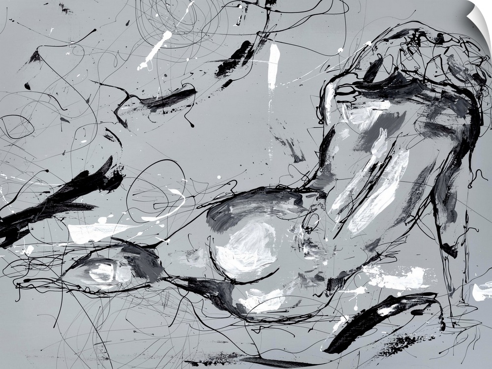 Contemporary abstract painting of the backside of a nude woman created with black scribbled lines and white highlights on ...
