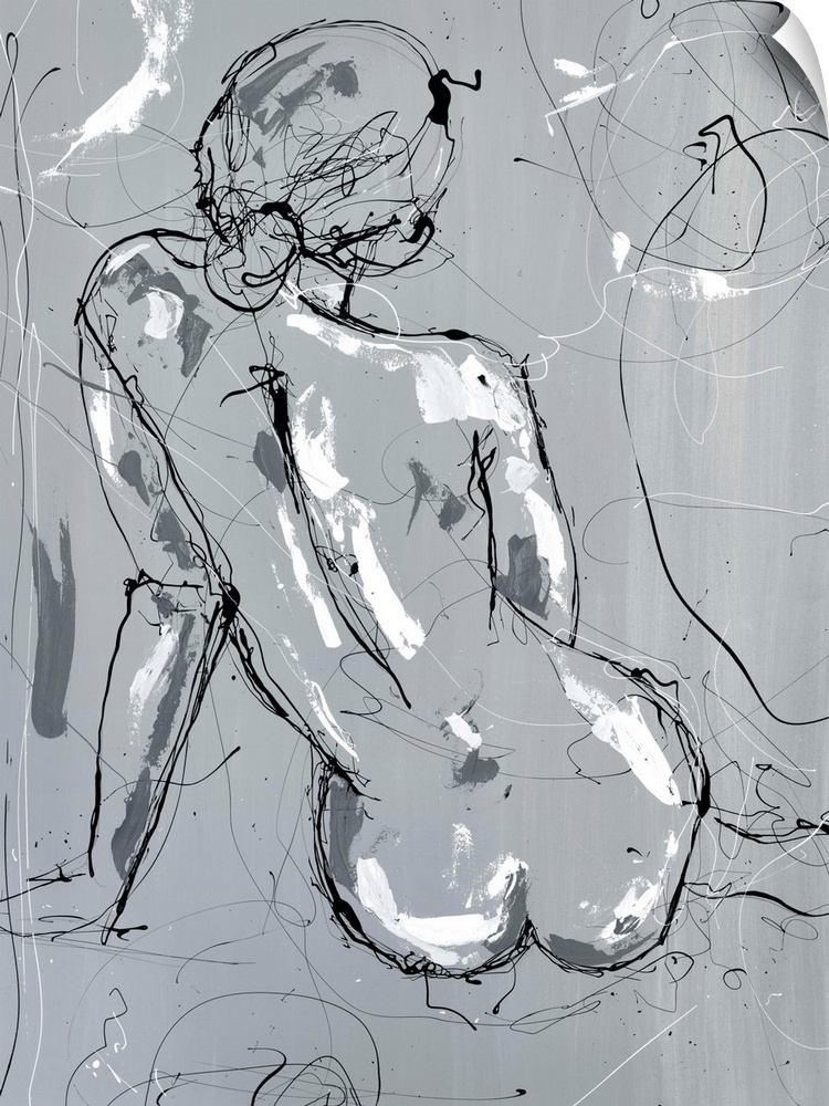 Contemporary abstract painting of the backside of a nude woman created with black scribbled lines and white highlights on ...