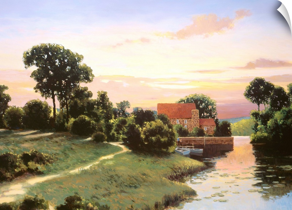 A contemporary painting of a countryside landscape with a house in the distance.