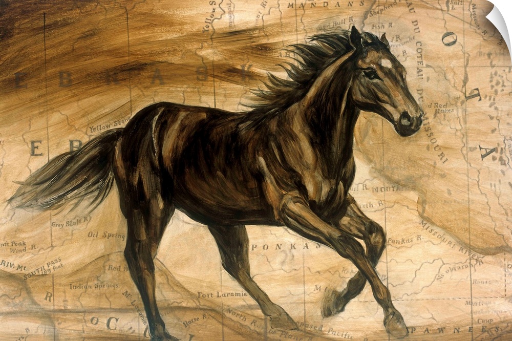 Image of a galloping horse overlayed on a section of a map.