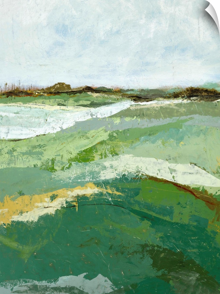 Contemporary landscape painting of a green field under a gray sky.