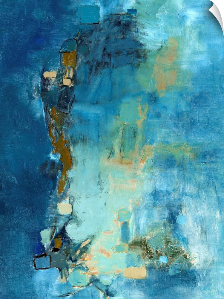Large abstract painting in blue, beige, and green hues.