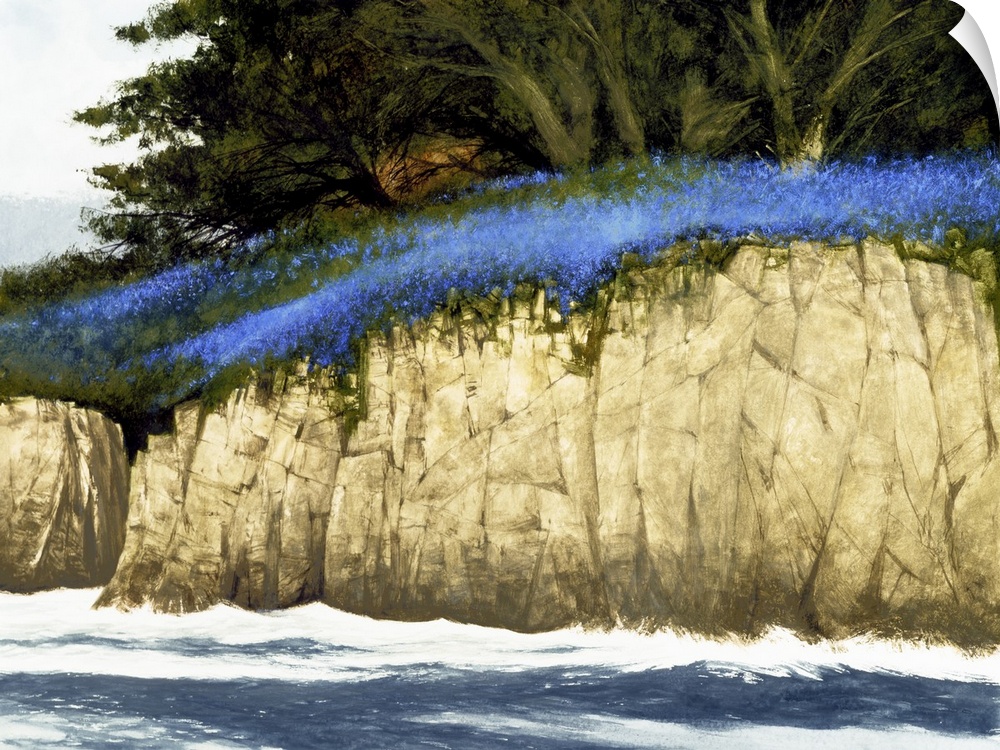 Contemporary painting of a rocky seaside cliff full of blue wildflowers and lush green trees.