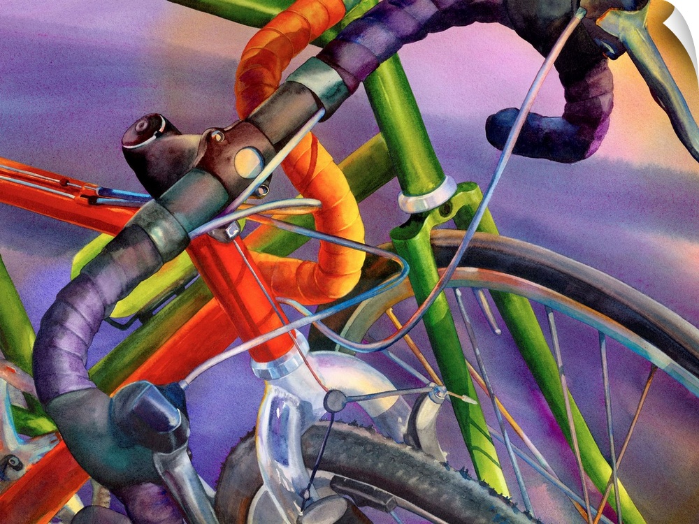 Contemporary up-close painting of two bicycle handle bars and front tires.