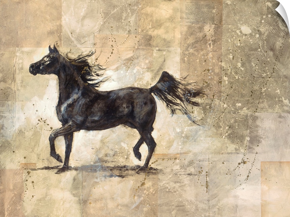 Contemporary artwork of a black stallion prancing with a neutral background that has blocks of different shades.